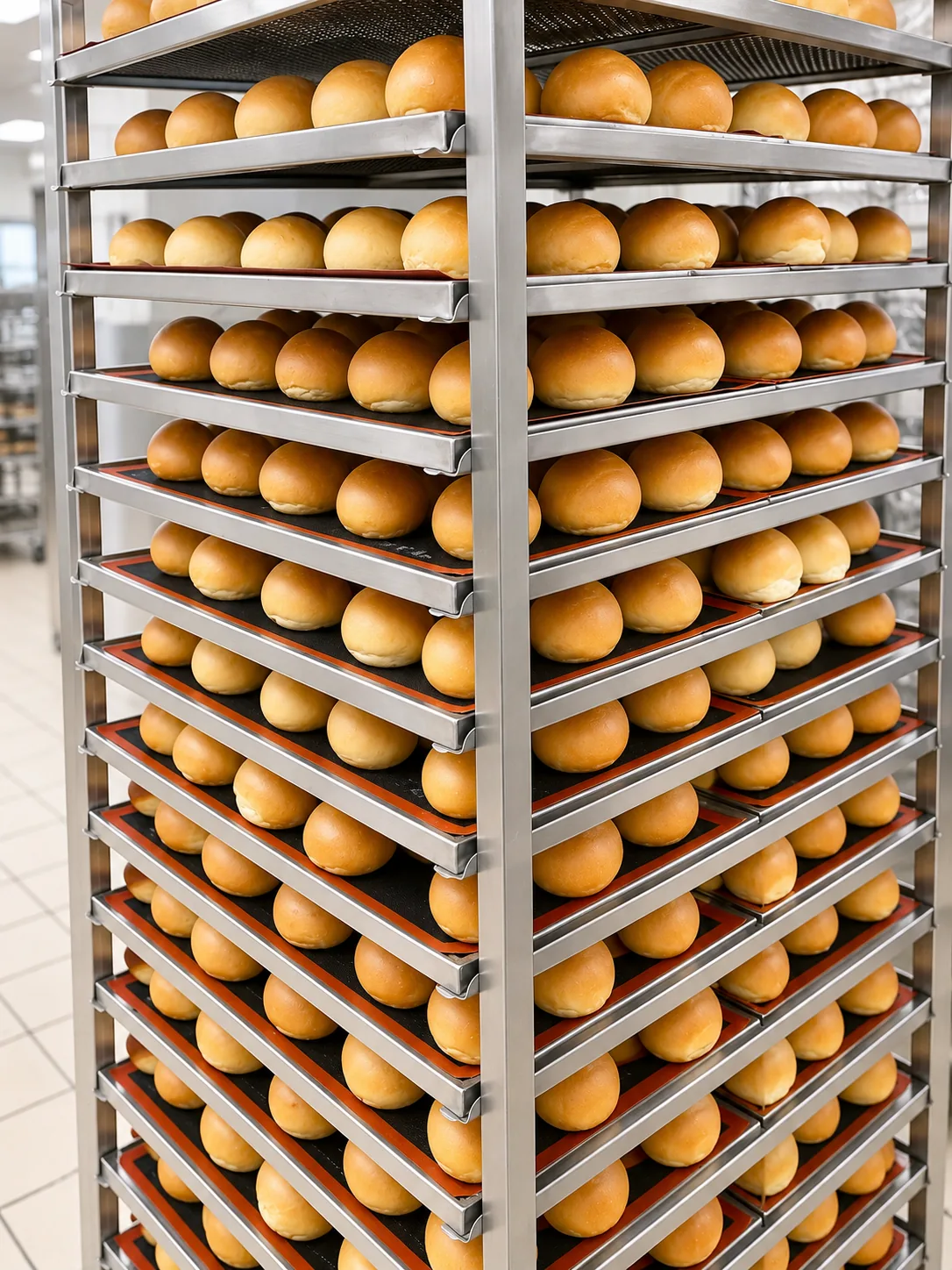 Carrelli di lievitati in lavorazione nel laboratorio di produzione di Roma